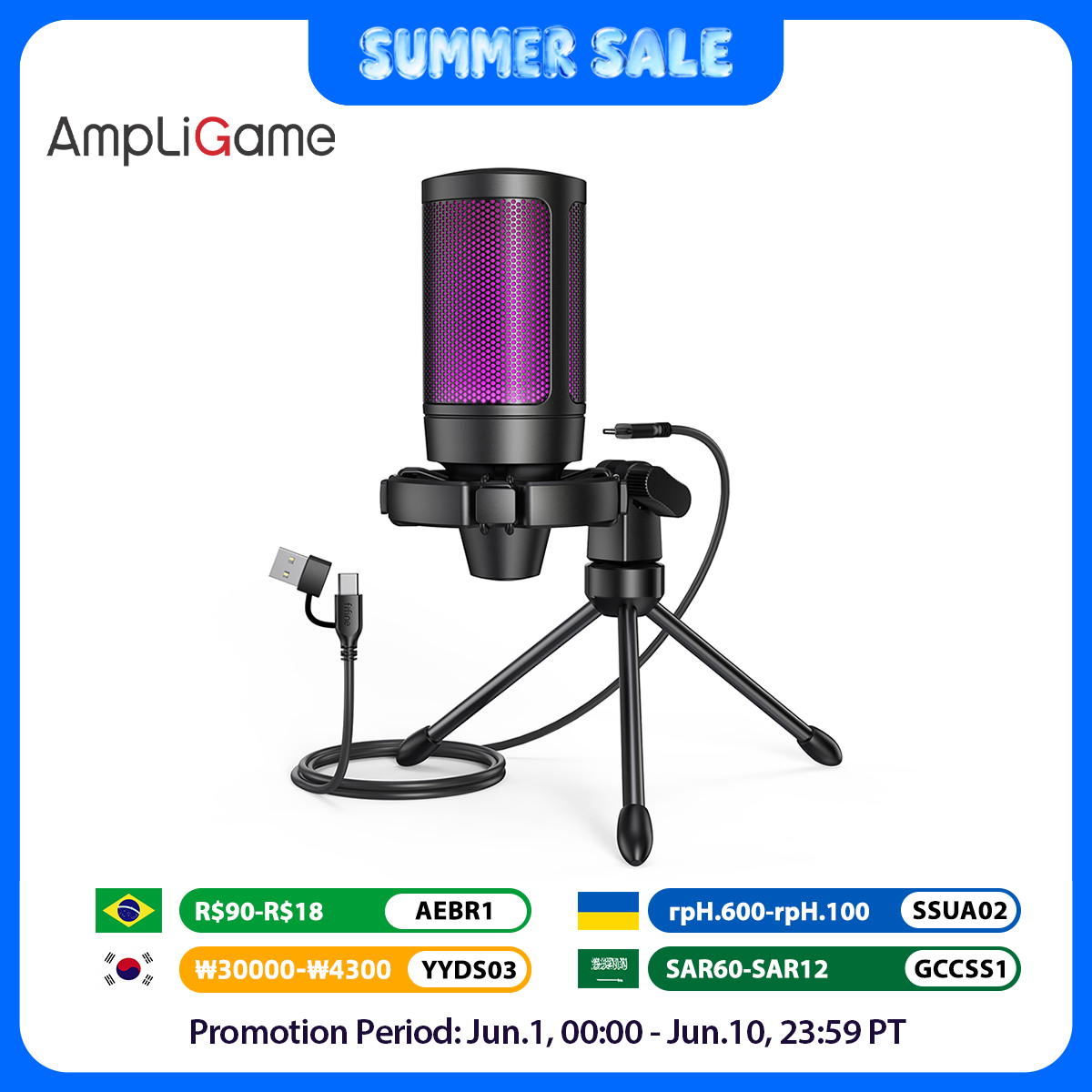 Streaming Mic Condenser - AmpliGame Gaming Microphone with Quick Mute,